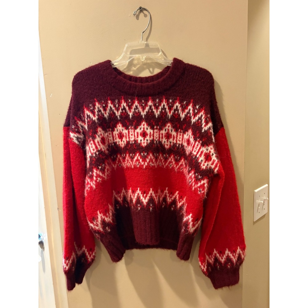 LOFT Women Burgundy Red Fair Isle Wool Blend Fuzzy Knit Sweater Small